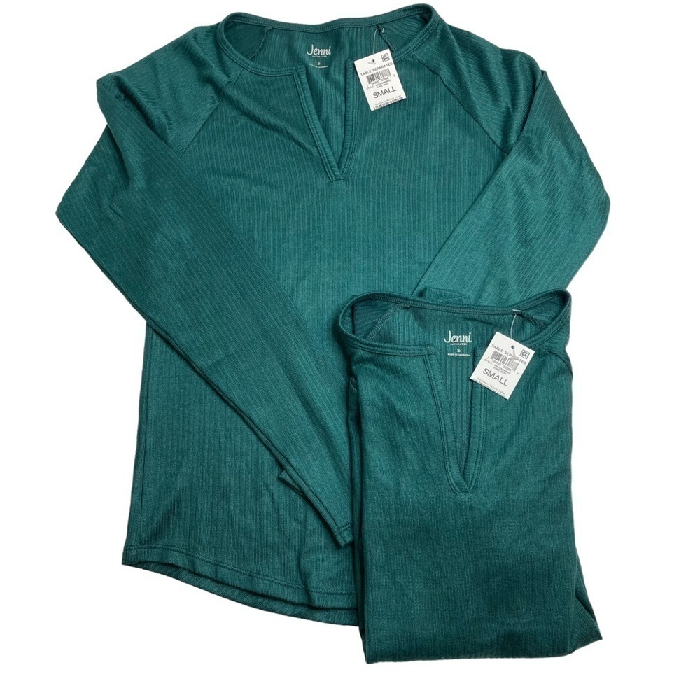 Jenni Split Neck Ribbed Pajama Top June Bug Dark Green Set of 2 Small